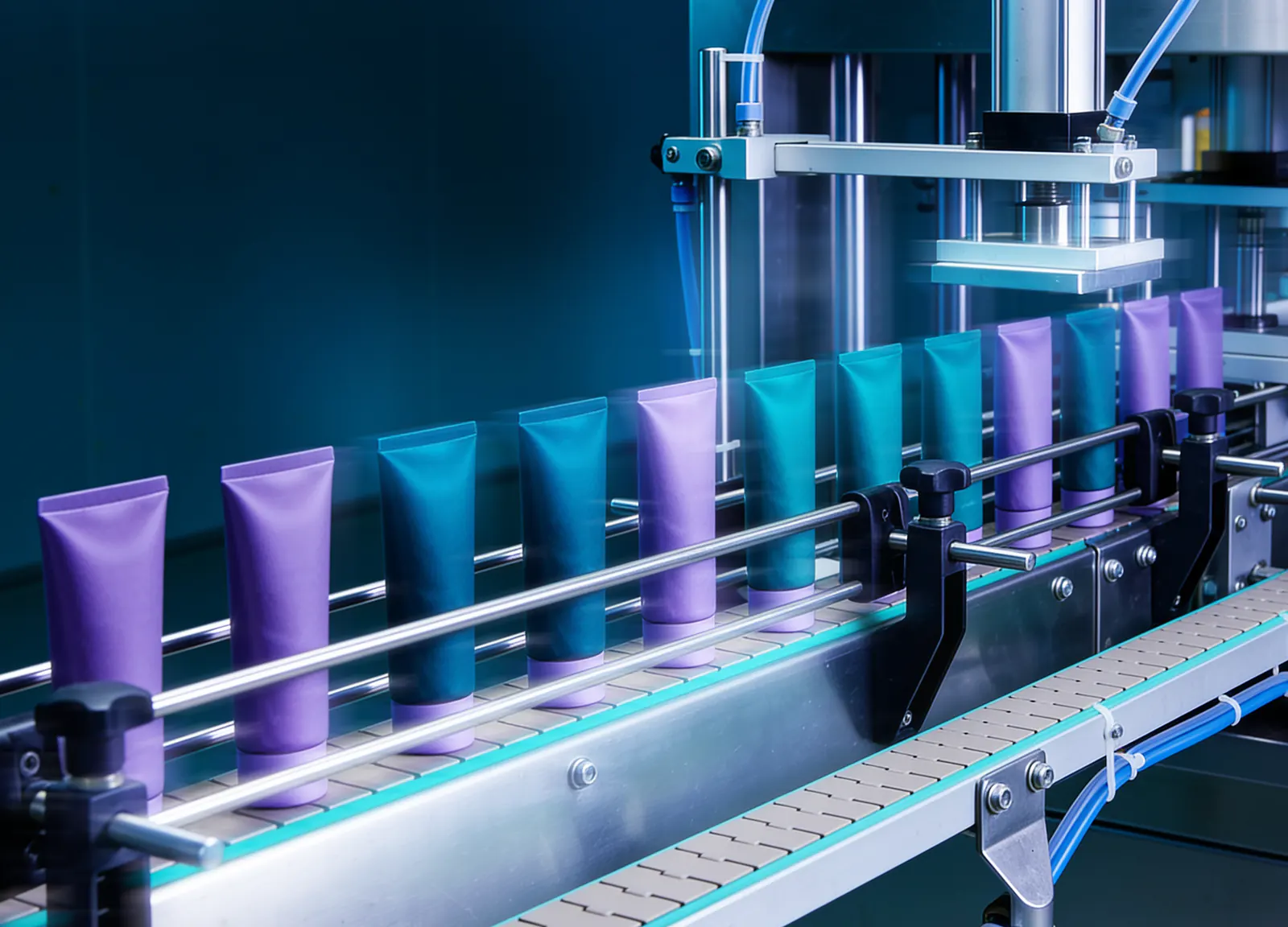 Lavender and teal skincare tubes moving along an automated filling line