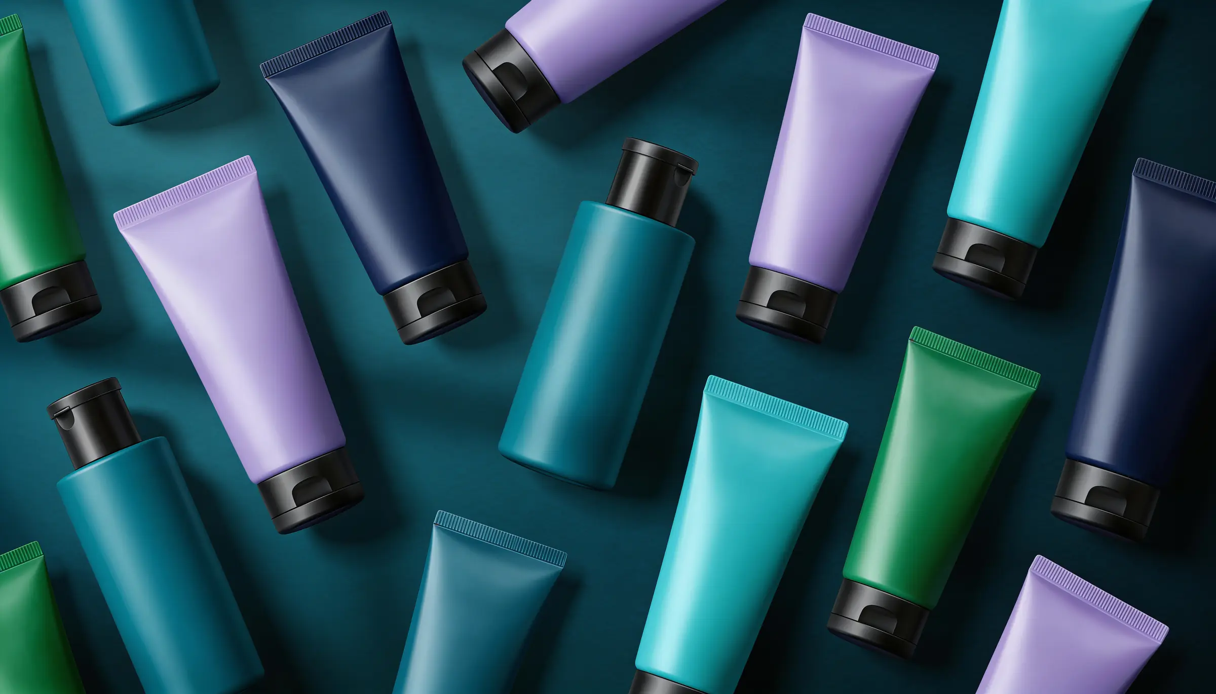 Flat lay of skincare tubes and bottles in NANOvitra green, teal and lavender