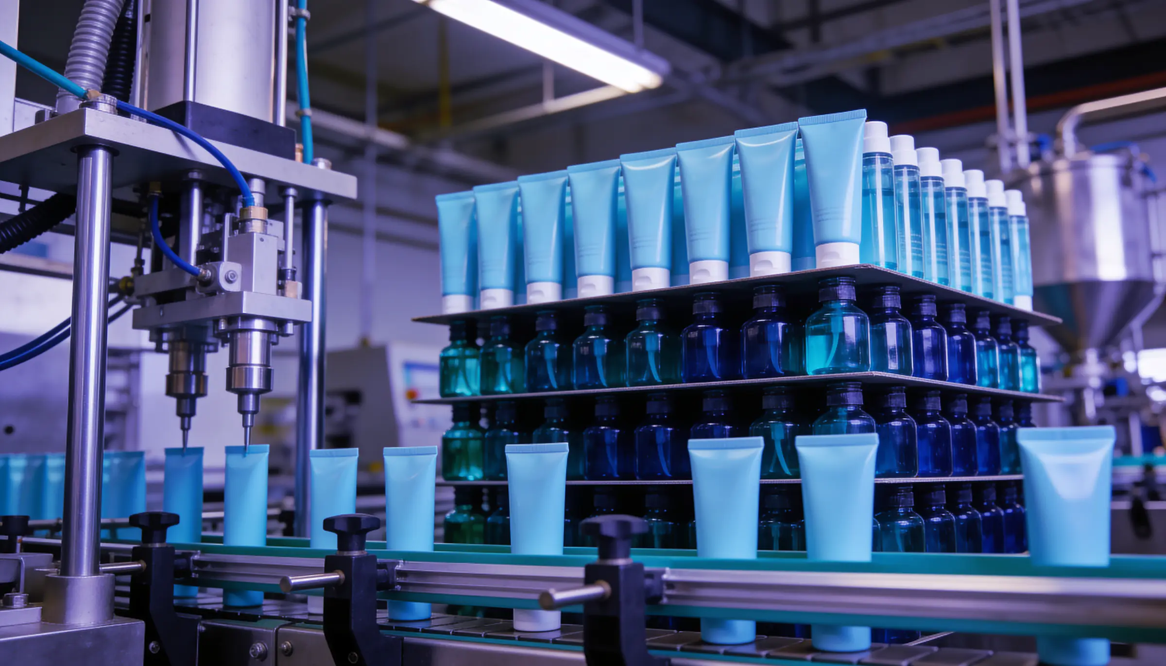 Automated cosmetic manufacturing line filling bottles and tubes